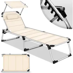 tillvex® Sonnenliege mit Dach und Kopfkissen Beige - Klappbar und Verstellbar - Gartenliege mit 5-fach verstellbarer Rückenlehne und stufenlos einstellbarem Sonnendach für individuellen Komfort. Leichtes Aluminiumgestell, ideal für entspannte Stunden im Freien.