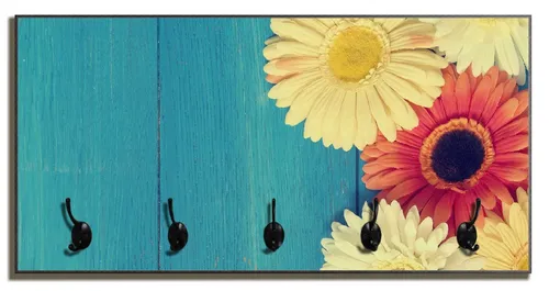 Wallario Garderobenpaneel Bunte Gerbera auf Holz (1-teilig, inkl. Haken und Befestigung), 80x40cmHolz