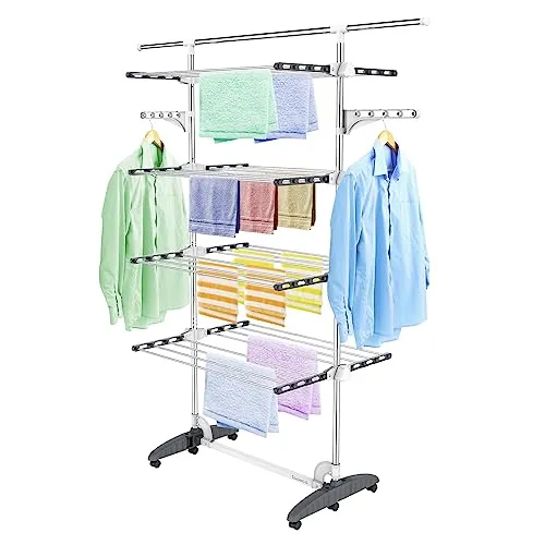 Todeco Wäscheständer Turm Klappbar, Wäscheturm 4 Ebenen aus Edelstahlrohre, Turmtrockner mit 6X Rollen, Ausziehbare obere Leiste, Flügel, Mobiler Turmwäscheständer für Wäscheraum Badezimmer, Grau