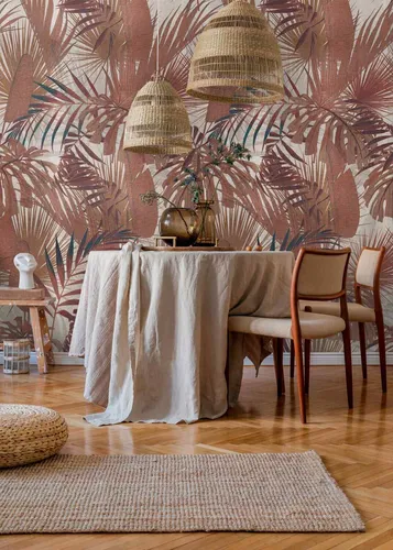 Fototapete Pflanzen Tropisch Dschungel Rot Braun Beige - Moderne Vliestapete im botanischen Dschungel-Design, abziehbar und lichtbeständig, ideal für eine tropische Atmosphäre in jedem Raum.