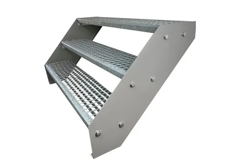 Kaminbau Mierzwa Außentreppe Premium Treppe Silber Höhe Verstellbar, für Geschosshöhen bis 57 cm, Stufen Gitterroststufen nach DIN 24531, (Höhe 57 cm, Breite wählbar aus 60, 80, 100, 120, 140 cm), Gartentreppe Stahltreppe Wetterfest Rostfrei Feuer-Verzinkt Rutschfest