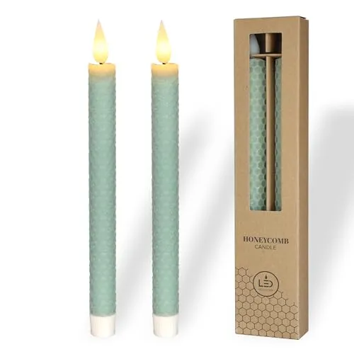 comforder Echtwachs LED Kerzen mit flackernder Flamme (2er Set), elektrische Stabkerzen mit Timerfunktion, Kerzen batteriebetrieben, Bienenwaben-Optik (Eukalyptusgrün)