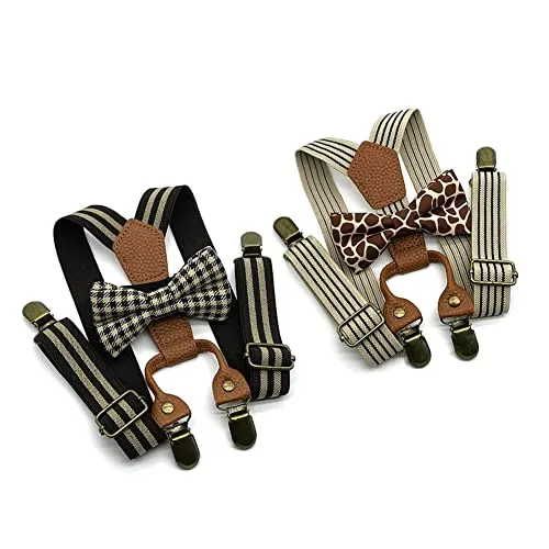 Anshili 2stk Kinder Hosenträger mit Fliege 4 Clips Y-Form in braun von Anshili