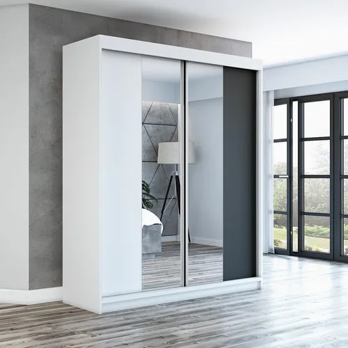 Schwebetürenschrank, 2-türig Schrank ELEGANZA 180 cm (mit Spiegel) Weiß / weiß / shwarz
