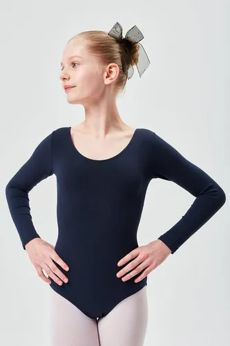 tanzmuster ® Ballettanzug Mädchen Langarm - Lilly - aus Baumwolle, Ballettbody Kinder Ballett Trikot in marineblau, Größe 92/98