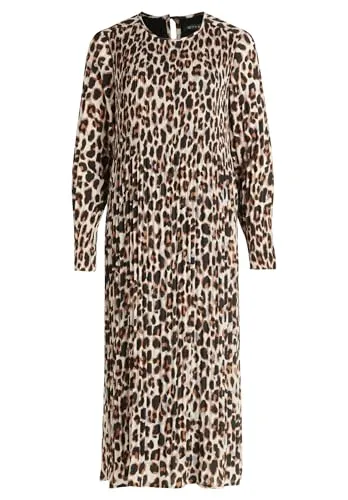 Betty Barclay Kleid in Beige - 44 - Elegantes Kleid mit Rundhalsausschnitt und Knopfverschluss am Rücken, verziert mit modischen Plissee-Falten und einem trendigen Leopardenmuster für einen stilvollen Auftritt.