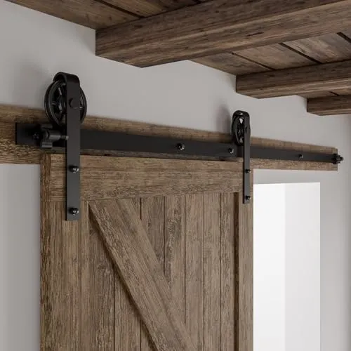 Schiebetürbeschlag 244cm Schiebetüren Schiebetürsystem Komplettset Laufschiene Rollen Set Schwarz für 1 Holztür 122cm Breit, Mittlere Rolle in J-Form