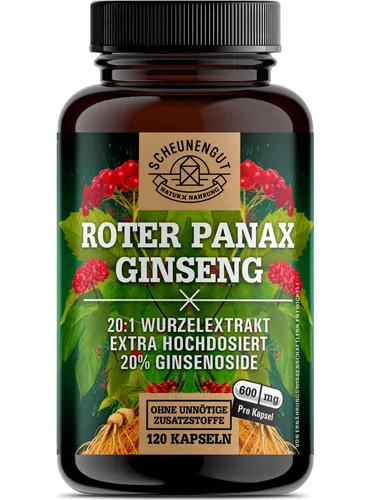 Scheunengut Ginseng Kapseln 1800mg - 20:1 Roter Panax Extrakt - Pflanzliches Ergänzungsmittel Ginseng mit maximaler Bioverfügbarkeit und 20% Ginsenoside. Ernte nach 6 Jahren für höchste Wirkstoffkonzentration - 100% ohne Zusatzstoffe.