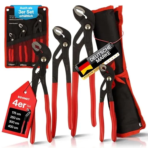 BOOMET Wasserpumpenzange groß & klein · 4er Set 175mm 250mm 300 mm 400mm · Verstellbare Rohrzange mit Druckknopf · Wasserrohrzange mit Feinverstellung per Knopfdruck
