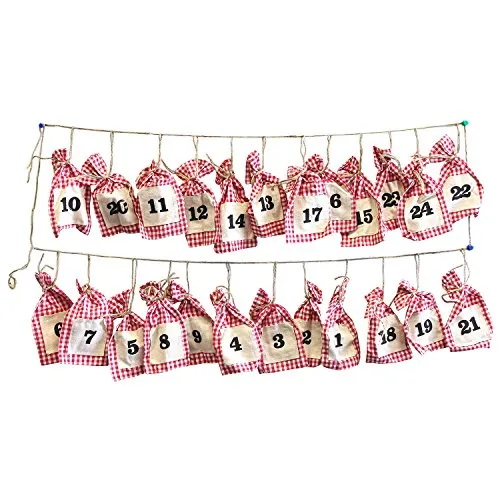 Multistore 2002 Adventskalender Weihnachtskalender - 24 Säckchen an Schnur, 220cm, Rot/Weiß, zum selber befüllen