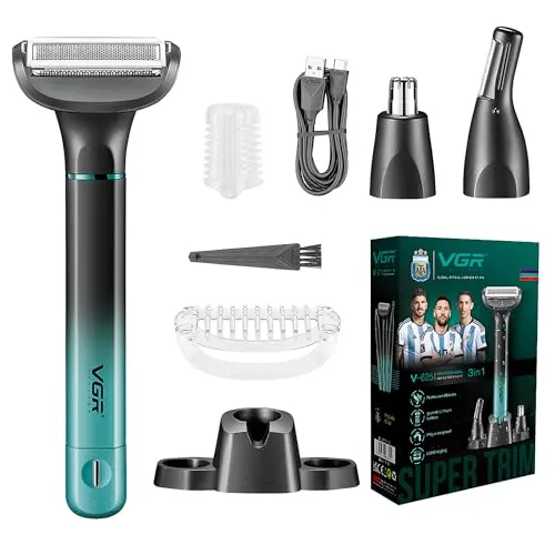 VGR 625 3 in 1 Intimrasierer Mann, Kabelloser Körperrasierer Herren, Nasenhaartrimmer Herren und Body Groomer Men mit Basis, Geeignet für Brust, Beine, Achselhöhlen, Nase und Gesicht, IPX5, Grün