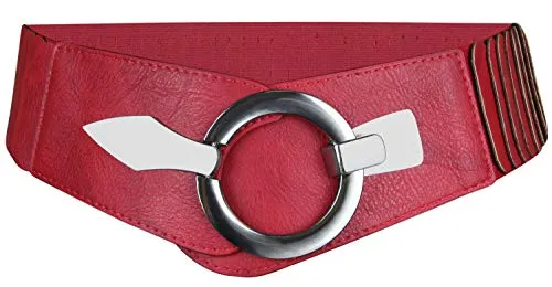 Elastischer Damen Taillengürtel, ca. 6 cm breiter Hüftgürtel mit silberner Ring-Schließe-80 cm (für Taillenweite 85-105 cm)-Rot
