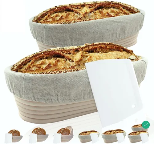 riijk Gärkorb Set inkl. Teigschaber und Leinentücher - Gärkörbchen Set (28+35cm) aus 100% natürlichem Peddigrohr, ideal für perfekte Teigentwicklung und Krustenbildung beim Brotbacken. Inklusive Teigschaber für einfache Verarbeitung.