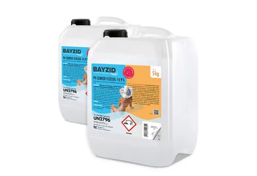 BAYZID pH Minus flüssig 5 kg - Effektive Poolpflege - Flüssiger pH Senker (14,9%) für eine einfache und sichere Anpassung des pH Wertes im Pool. Lagerstabil und mit Kindersicherheitsverschluss für zusätzliche Sicherheit.