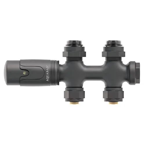 Aquabad® Heizkörper Multiblock mit Thermostat für 50mm Mittelanschluss, Anthrazit - Durchgangsform inkl. Adapter für Verschraubungen 15mm Kupferrohre & Standardverschraubung 16mm PEX