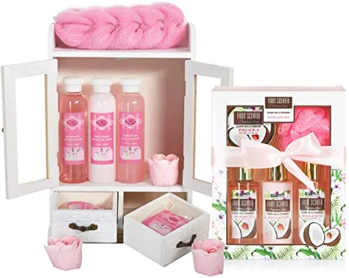 BRUBAKER 2 in 1 Pflegeset Kirschblüte & Kokosnuss Erdbeere - 15-teiliges Damen Wellness Set - Entdecke das luxuriöse 15-teilige Wellness Set mit Duschgel, Bodylotion und Badesalz in einer dekorativen Holzbox. Perfekt zum Verschenken und für entspannende Momente im Bad. Ein ideales Geschenk für jeden Anlass!