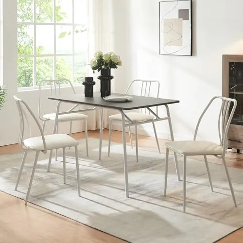 [en.casa] Esstisch mit 4 Stühlen Omso Küchentisch 110 x 70 cm Esszimmertisch rechteckig gepolsterte Esszimmerstühle Kunstleder Essgruppe Metallbeine Grau/Weiß
