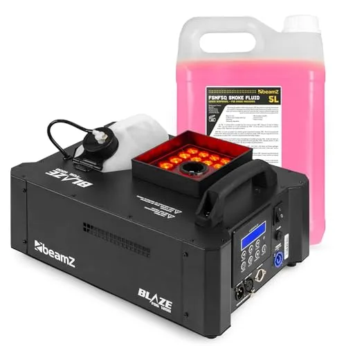 Beamz BLAZE1200 Nebelmaschine mit Lichteffekt, 1200 Watt inkl. 5 Liter Fluid, Horizontal und Vertikal, Fog Machine LED Rauchmaschine mit Funkfernbedienung, Disco Partynebel, Smoke Machine für DJs