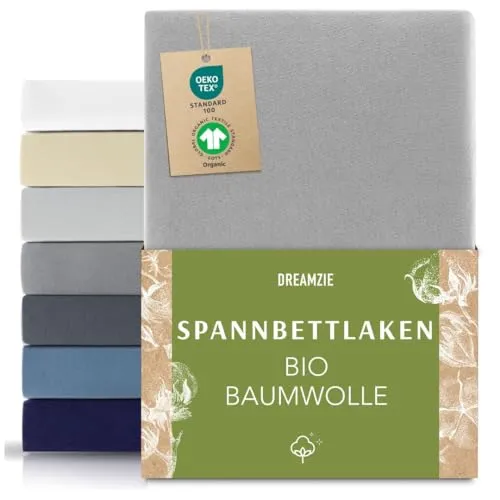 Dreamzie Premium Spannbettlaken 180x200cm bis 200x200cm Grau, Spannbetttuch aus 100% Jersey Biobaumwolle, 150 g/m² - Oeko-TEX
