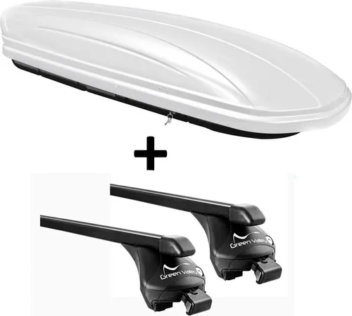 Dachbox weiß VDP-MAA 460W für Seat Alhambra III - Gepäckträger Set mit abschließbarer Dachbox (460L) und Relingträger für offene Reling, ideal für Urlaubsreisen. Maximale Tragfähigkeit von 100kg und aerodynamisches Design sorgen für sicheren Transport.