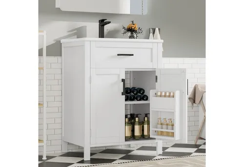 i@home Waschbeckenschrank Bodenstehender Badezimmerschrank mit Waschbecken,Waschtisch (Waschtisch,Volllackierung, Doppeltürregale, praktische Schubladen, verstellbare Regale, integriertes Keramikwaschbecken 60 x 46 x 84,8 cm)