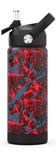 Ntswasd Trinkflasche Edelstahl Strohhalm-Thermosflasche 550ml-BPA Frei-Auslaufsicher-Thermo Wasserflasche für Schule,Sport,Kinder,Fitness(Geometrie-Rot)