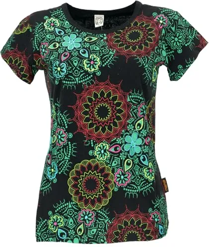 GURU SHOP Boho T-Shirt mit Mandaladruck - Damen T-Shirt in Schwarz/Grün - Stylisches Baumwoll T-Shirt für Damen mit auffälligem Mandaladruck und tailliertem Schnitt, ideal für Yoga, Festivals oder den Alltag.