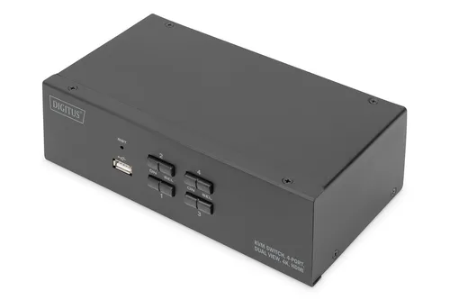DIGITUS KVM-Audio-USB-Switch - KVM Switch mit 4 Ports für nahtloses Umschalten zwischen 4 Geräten, ideal für Desktop-Anwendungen und effiziente Nutzung von Peripheriegeräten.