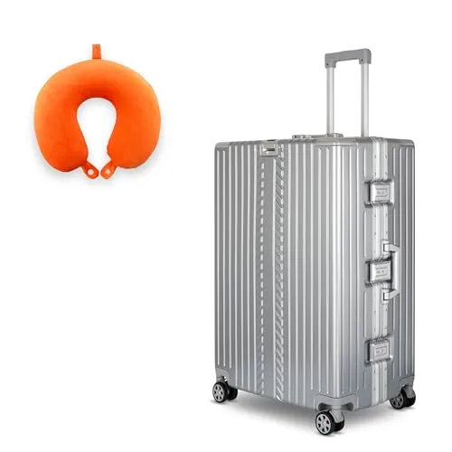 WINLIFE Trolley Hartschalen-Koffer Alu-Rahmen Silber XL - Koffer XL in Silber – Maximales Volumen von ca. 100 Litern und robuste ABS+PC-Hartschale. Inklusive ergonomischem Nackenkissen für entspanntes Reisen und 4 reibungslose 360°-Doppelrollen.