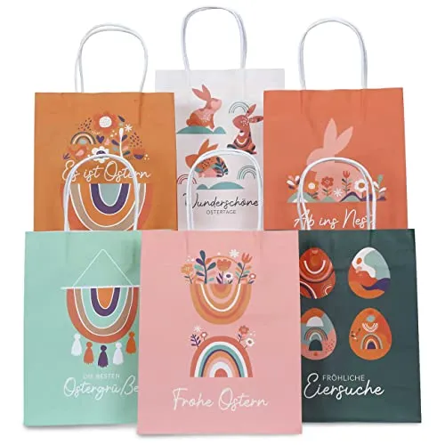 Papierdrachen 6 bedruckte Henkeltüten zu Ostern - Boho - 22,5x18x8cm - 6 zusätzliche Osterpostkarten - Geschenkverpackung - Geschenktüten zum Befüllen - Alternatives Osternest - Set 3