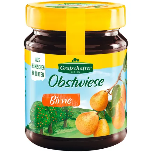 Grafschafter Obstwiese Birne - Erntefrische Fruchtmischung 320g - Säfte aus erntefrischen Birnen und Äpfeln, verfeinert mit Pektin für eine fruchtige Gelierkraft, ideal zum Brotaufstrich oder als Dessert.