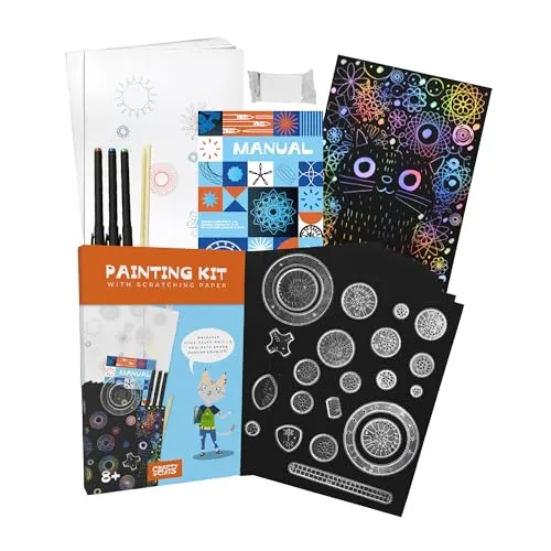 CRAFTY CATS Spirograph 47 Stück Deluxe Kit mit Kratzbilder Mandala Zeichenschablonen Bambus Multifunktional Spiral Designer Kinder ab 8 Jahre