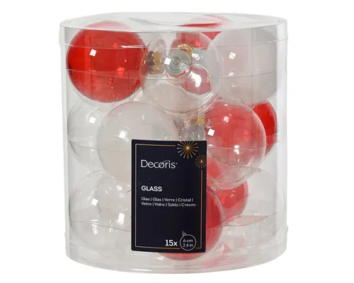 Kaemingk Weihnachtsbaumkugel, Weihnachtskugeln Glas 6cm 15 Stück - Rot / Weiß transparent Mix