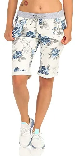 CLEO STYLE Kurze Damen Bermuda, leichte luftige Hose für den Sommer, kurzer Jogger für Freizeit und Strand 9 (Weiß Blau)
