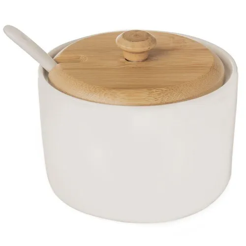 Zuckerdose Zuckerbehälter aus Porzellan mit Bambusholdeckel + Löffel