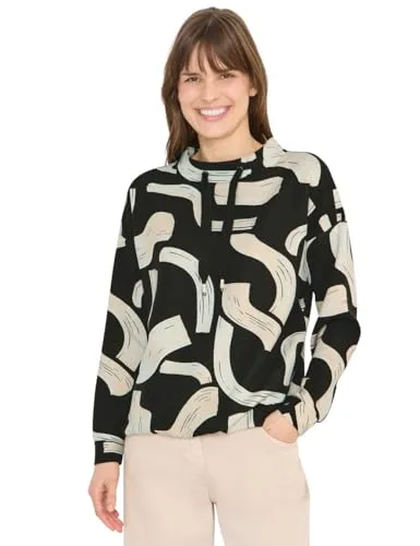 Damen Gemustertes Shirt mit Funnel Neck - Stylisches Langarmshirt mit grafischem Muster und elastischem Saum. Ideal für jeden Tag und bequem durch den Tunnelzug am Kragen. Perfekt für einen lässigen Look!