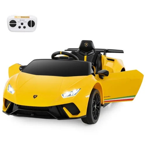 GOPLUS Kinder Elektroauto Lamborghini, 12V Kinderauto mit Fernbedienung & LED-Lichter & Musik, Hupe, USB, 3 Gang Elektrofahrzeuge 3-5 Km/h, Gelb