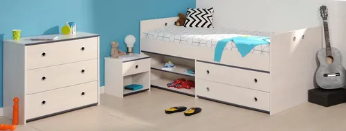 Parisot Jugendzimmer-Set Smoozy, 3-tlg. Set für Kinderzimmer - Komplettzimmer mit funktionalem Stauraumbett, Nachttisch und Schubkastenkommode. Pflegeleichte Oberfläche und drehbare Kanten in Rosa und Blau bieten individuelle Gestaltungsmöglichkeiten.