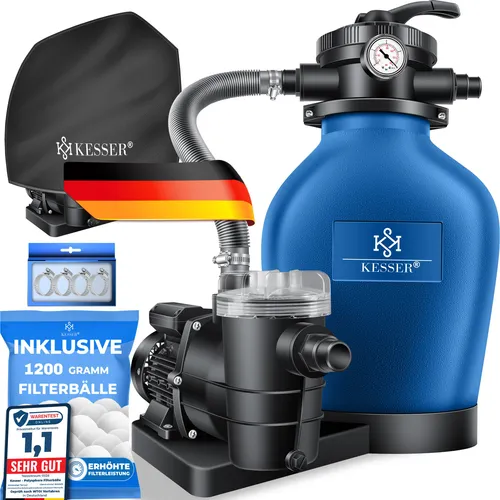 KESSER Sandfilteranlage 600W - Sandfilteranlage für Pools mit 13200L/h Durchfluss, inkl. 1200g Filterbälle für kristallklares Wasser. Leistungsstark und leise, ideal für eine professionelle Poolwasserfilterung.
