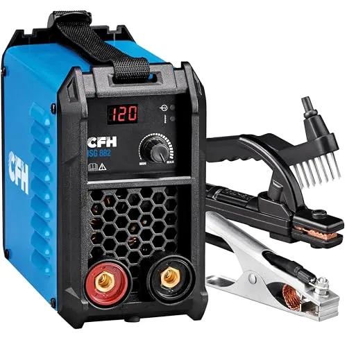 Inverterschweißgerät CFH 120 A - Schweißgerät für Elektrodenschweißen (MMA) mit Hot Start, Anti Stick und Arc Force für optimale Ergebnisse. Ideal für Stahl, Edelstahl und Gusseisen bis 4 mm Dicke. Mobiles Design mit leichtem Gewicht und langen Kabeln.
