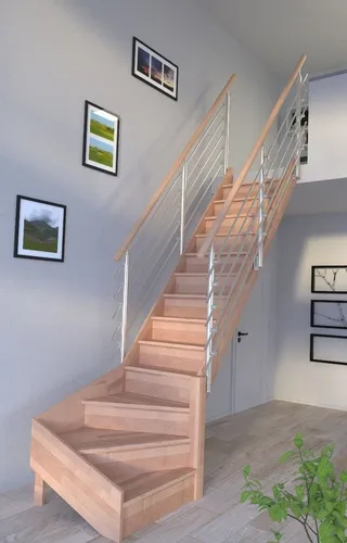 Starwood Raumspartreppe Rhodos ¼ gewendelt aus Buche - Massivholztreppe für Geschosshöhen bis 300 cm. Individuell gestaltbar mit hochwertigem Edelstahlgeländer. Ideal für platzsparende Lösungen in modernen Wohnräumen.