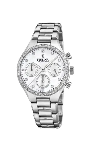 Festina Damen Chronograph F20401/1 - Elegante Edelstahl Uhr - Armbanduhren für Damen mit 36 mm Gehäuse, stilvollem Perlmutt-Ziffernblatt und funkelnden Zirkonia. Perfekt für jedes Outfit und wasserdicht bis 5 bar.