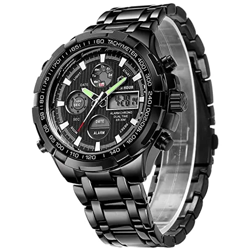 GOLDEN HOUR Herren Digital Quarz Analog Sportuhren Edelstahl wasserdichte Armbanduhr Schwarz