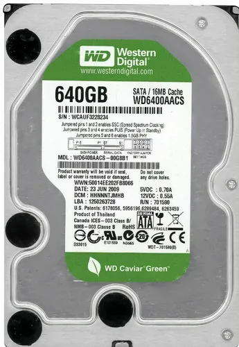 Western Digital 640GB Festplatte WD6400AACS - 3,5 Zoll interne HDD mit 7200 U/min, ideal für NAS und PCs, bietet hohe Datenübertragungsraten und einen integrierten Temperatursensor für optimale Leistung.