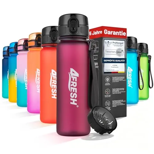 4FRESH Trinkflasche 500ml mit Sieb – BPA-freie Tritan Sportflasche, auslaufsicher & bruchsicher mit Skala und Trageschlaufe, 1-Klick-Verschluss für Sport, Fitness, Schule, Outdoor & Fahrrad