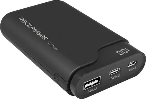 RealPower PB-7500C Powerbank 7500 mAh Schwarz - Die RealPower PB-7500C Powerbank bietet zuverlässige Energie für unterwegs. Mit 7.500 mAh Kapazität und zwei Anschlüssen können Sie mehrere Geräte gleichzeitig laden. Das digitale Display zeigt den Ladezustand an und das robuste Gehäuse sorgt für Langlebigkeit.