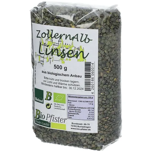Bio Pfister Zollern Alb Linsen - Hülsenfrüchte, formstabil beim Kochen und ideal für klassische Gerichte wie Linsen mit Spätzle. Enthält leckere Rezepte auf jeder Verpackung!
