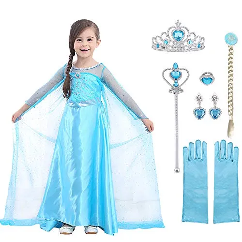 URAQT Kleid Prinzessin Kostüm Kinder Mädchen, Krone Kleid Kinder Kostüm 9-teiliges Set mit Diadem Handschuhe Zauberstab usw für Weihnachten Verkleidung Karneval Halloween,130CM