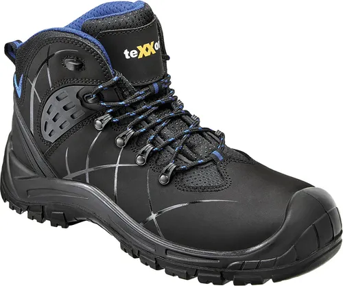 teXXor® S3-Sicherheitsschnürstiefel Tours schwarz/blau - Robuste Sicherheitsschuhe für Bau und Industrie, wasserabweisend, atmungsaktiv und mit rutschhemmender Sohle für optimalen Schutz und Komfort.