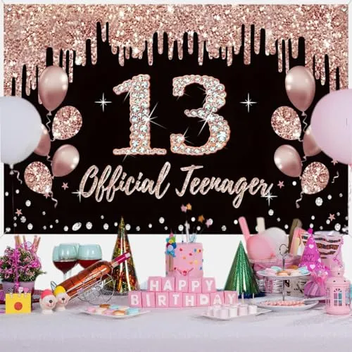 13. Geburtstag Dekoration für Mädchen, Party Dekoration Schwarz und Roségold Stoffschild Hängeposter, 13. Geburtstag Hintergrund Banner Party Willkommensschild, Official Teenager